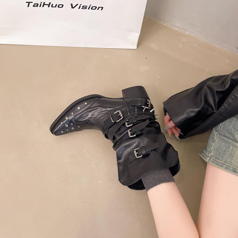 ブーツ レディース 女性用 ブラック 黒 レトロ ヴィンテージ 刺繍 ウエスタン カウボーイ ライダーブー..