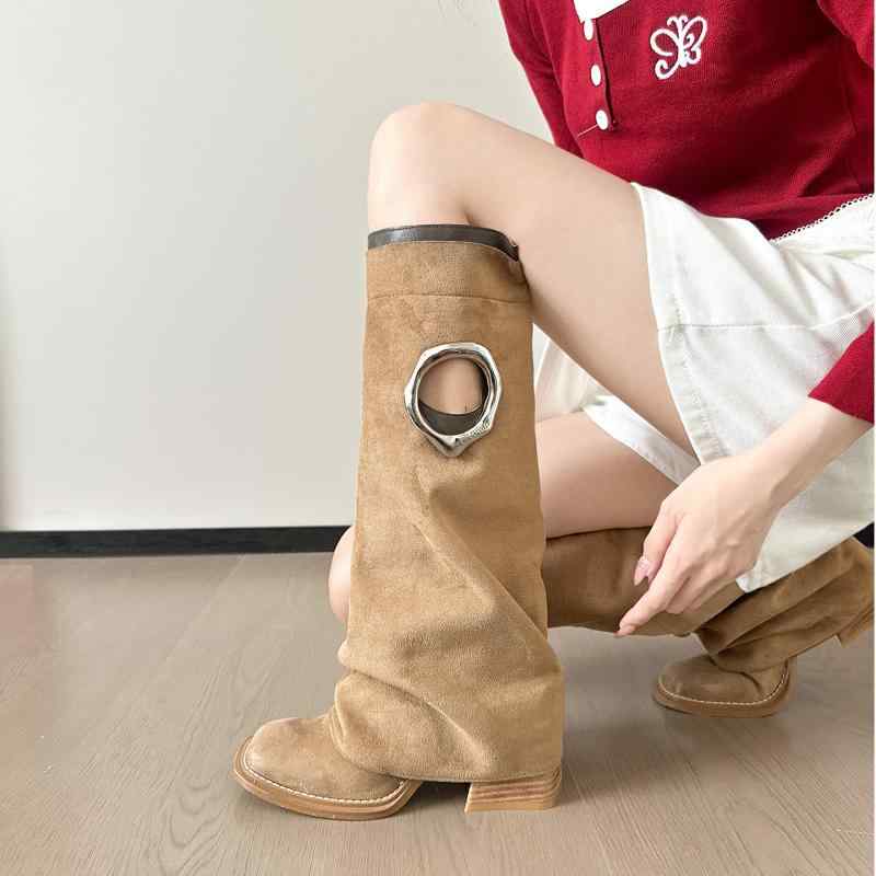 ブーツ レディース 女性用 スクエアトゥ チャンキーヒール 太ヒール ロング丈 ウエスタンブーツ ジョッ..