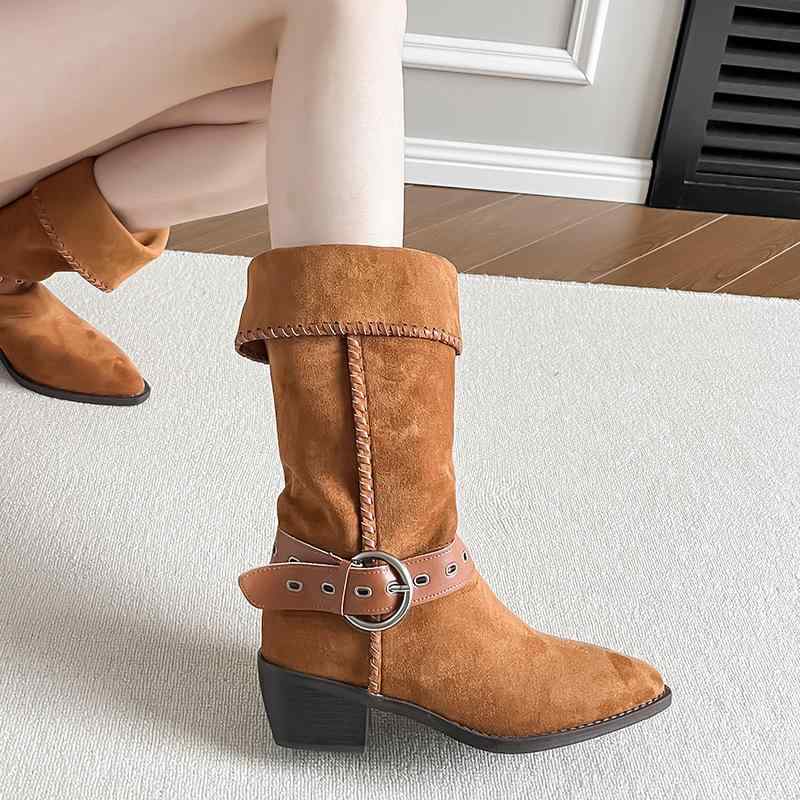 ブーツ レディース ウエスタン レトロ ジョッキー風 ミドル丈 ワイド筒 ポインテッドトゥ 太ヒール チ..