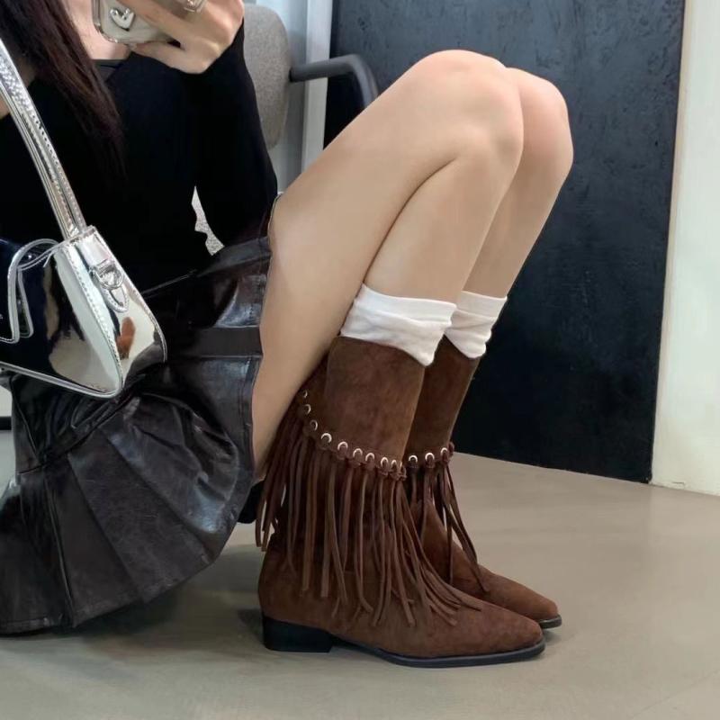 ブーツ レディース レトロ ウエスタンブーツ フリンジ ミドル丈 ポインテッドトゥ チャンキーヒール 細..
