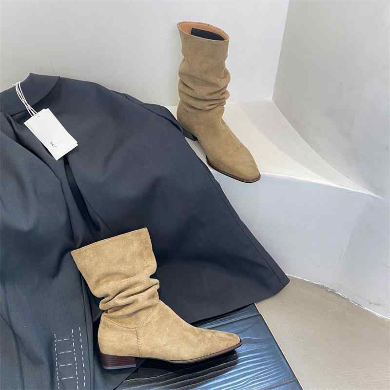 ブーツ レディース ミドル丈 ショートブーツ スエード調 ポインテッドトゥ チャンキーヒール ローヒー..