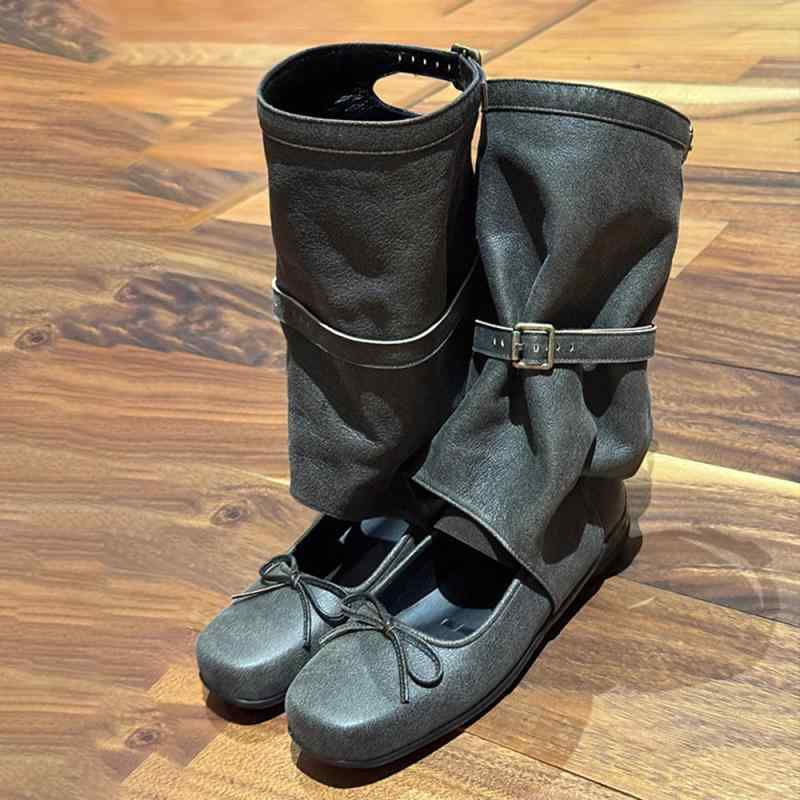 サンダルブーツ レディース レトロ スクエアトゥ リボン 厚底 ショート丈 透かしデザイン ウエスタン調..