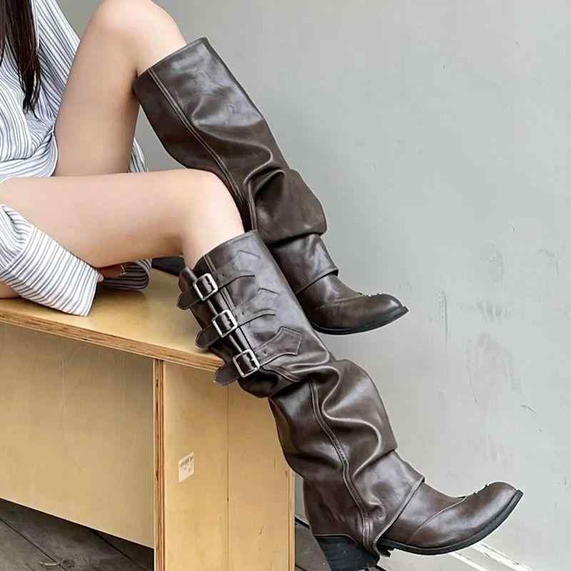 ロングブーツ レディース 騎士ブーツ ウエスタンブーツ くしゅくしゅ パンク風 太ヒール ミドルヒール ..