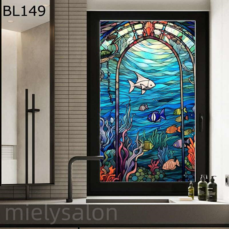 ガラスフィルム ステンドグラス 目隠しシート 窓用フィルム 海柄 3D立体感 おしゃれ 教会 洋風 水で貼ってはがせる 外から見えない UVカット 飛散防止 窓用 室内 バスルーム レストラン 喫茶店