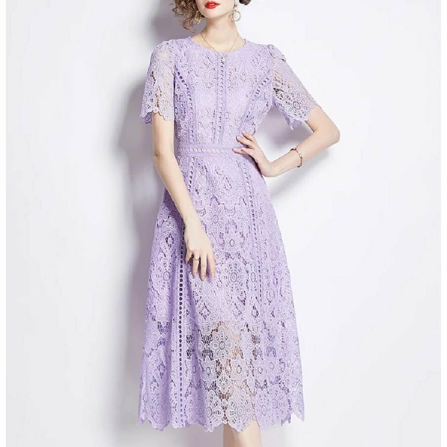 ラベンダーエンブロイダリードレス レース ワンピース フローラル フラワー ミモレ ロング 半袖 フェミニン きれいめ 大人可愛い エレガント 大きいサイズ デート 華やか 演奏会 レセプション 発表会 入学式 卒業式 成人式 セレモニー 同窓会 二次会 結婚式 パーティー