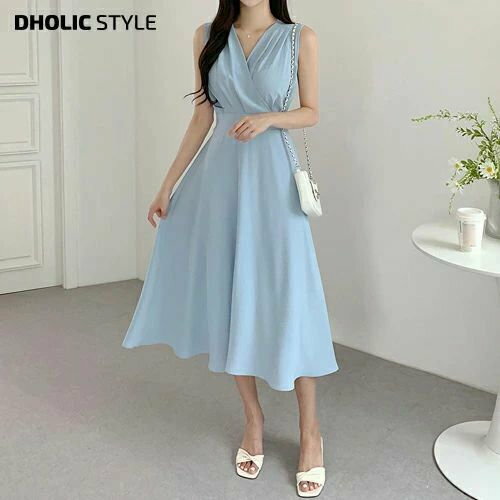 []ピンタッククロスノースリーブワンピース・p レディース ロングワンピース ノースリーブ 無地 シンプル Vネック 鎖骨 パステル フレア 春 夏 上品 フェミニン 韓国ファッション STYLE