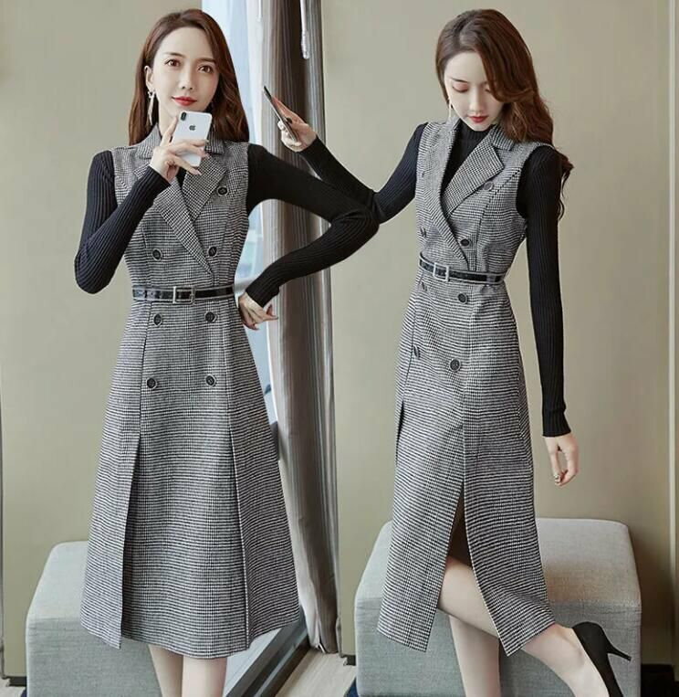 ワンピース Vネック ジャンパースカート トレンチコート チェック柄 襟 スリット ノースリーブ レディース ロングワンピース ロング丈 春 秋 冬 シンプル カジュアル 大人