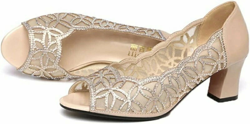 オープントゥ パンプス 太めヒール レディース 黒 ラインストーン メッシュ スリッポン 歩きやすい シ..