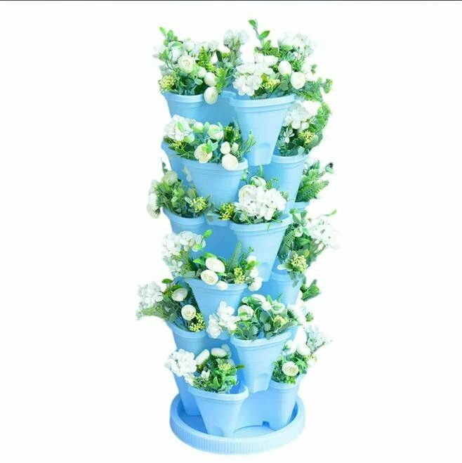 段垂直ガーデンプランター ホイール付きバルブバルブ プラスチック 積み重ね可能 イチゴ植栽ポット 屋..