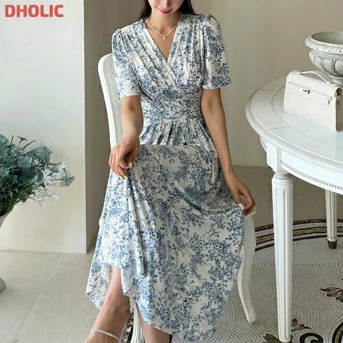 ops レディース 韓国ファッション ロングワンピース 半袖 パフスリーブ Vネック フレア シック 上品 フェミニン 大人 カジュアル お出かけ 夏 v