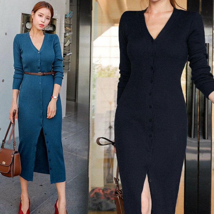 ニットワンピース レディース Vネックワンピ ロング丈ワンピース タイトワンピース フレア ラップワン..