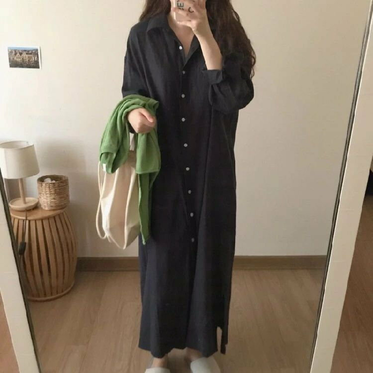 春 レディースシャツワンピース ミディ丈 オーバーサイズ 通勤