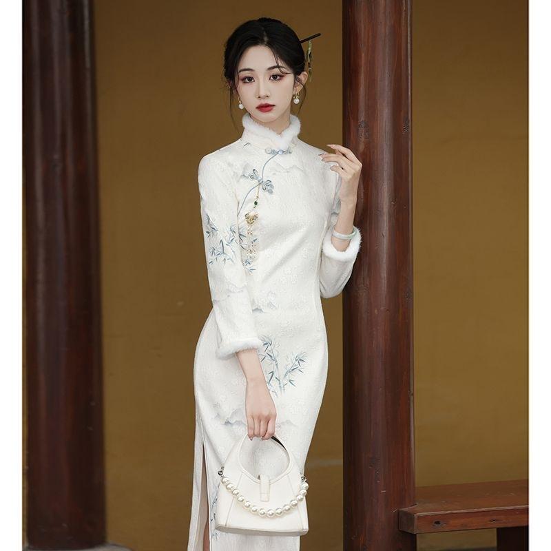 ワンピース レディース 新チャイナ風 改良 チャイナドレス 長袖 パフスリーブ 裏起毛 ロング丈 Iライン ハイウエスト スタンドカラー 暖か 防寒 上品 きれいめ プリント柄 エレガント 秋冬