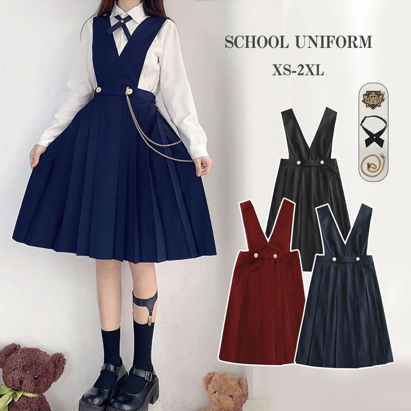 学生服 女子高生 制服スカート プリーツスカート 無地 JK制服 V襟 サスペンダー スカート リボン セッ..