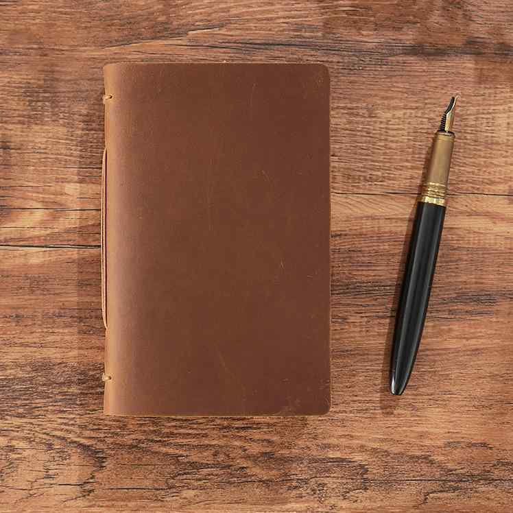 手帳 ノート 日記帳 本革 牛革 オリジナル レトロ 横罫 ミニ コンパクト ブラウン 茶色 軽量 手縫い ク..