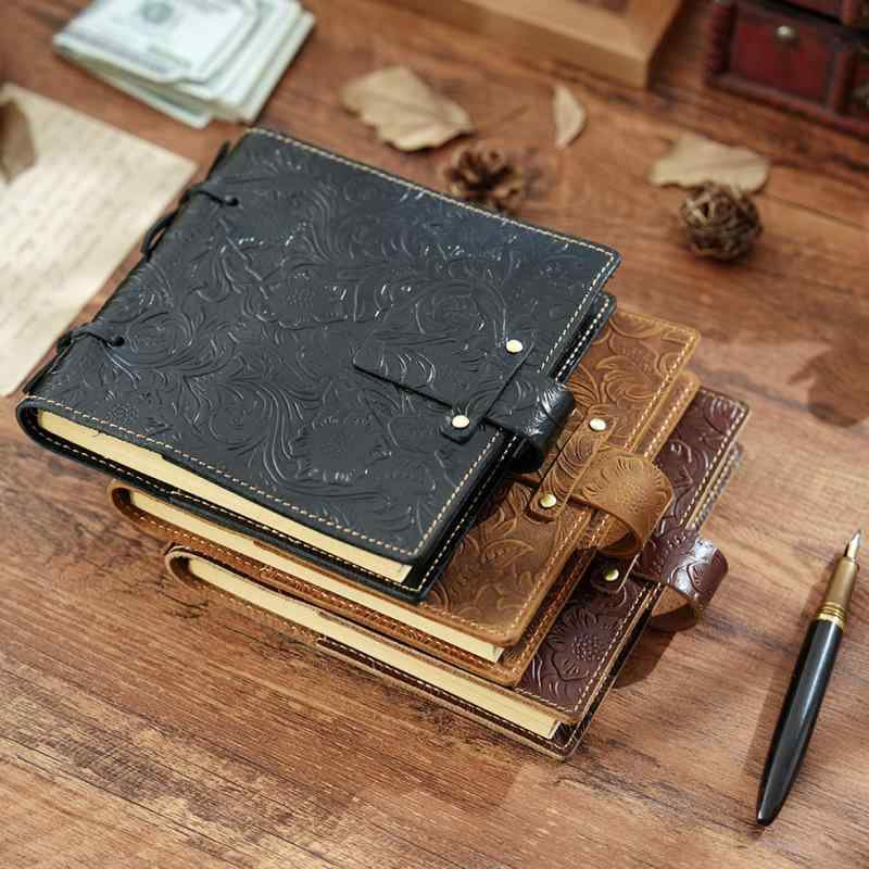 ノート レトロ アンティーク 彫刻柄 牛革 本革 ハンドメイド 牛革紐綴じ スケッチブック デッサン ドローイング メモ 手帳