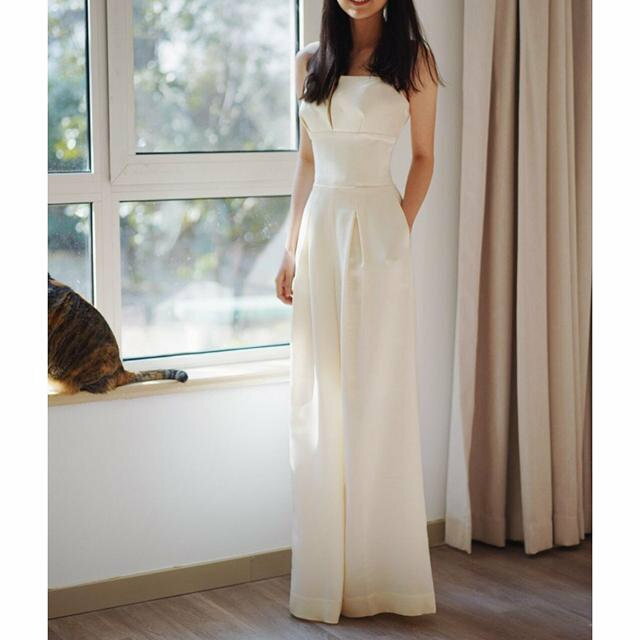 ミューズショップ楽天市場店のパンツドレス ウェディングドレス 白パンツ 二次会 花嫁ドレス 結婚式ドレス パーティードレス 個性的 きれいめ 大人用 かっこいい 大きいサイズ xl 海外風 結婚式 パンツデザイン ワイドパンツ ハイウエスト 胸にパットが入る｜アングル2
