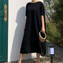 ワンピース レディース 夏 春 半袖 きれいめ 丸ネック ロングワンピース ワンピ 夏 Aライト ブラック 黒 ロング丈 スムース 透けにくい F 大きいサイズ...