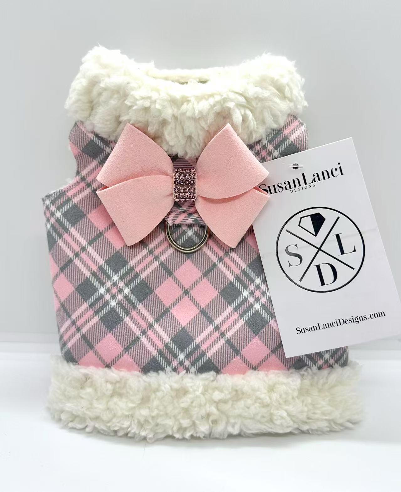 ★Susan Lanci/スーザンランシー★Bowzer with Nouveau bow犬用スワロフスキコートPuppy Pink Plaid×Puppy P...