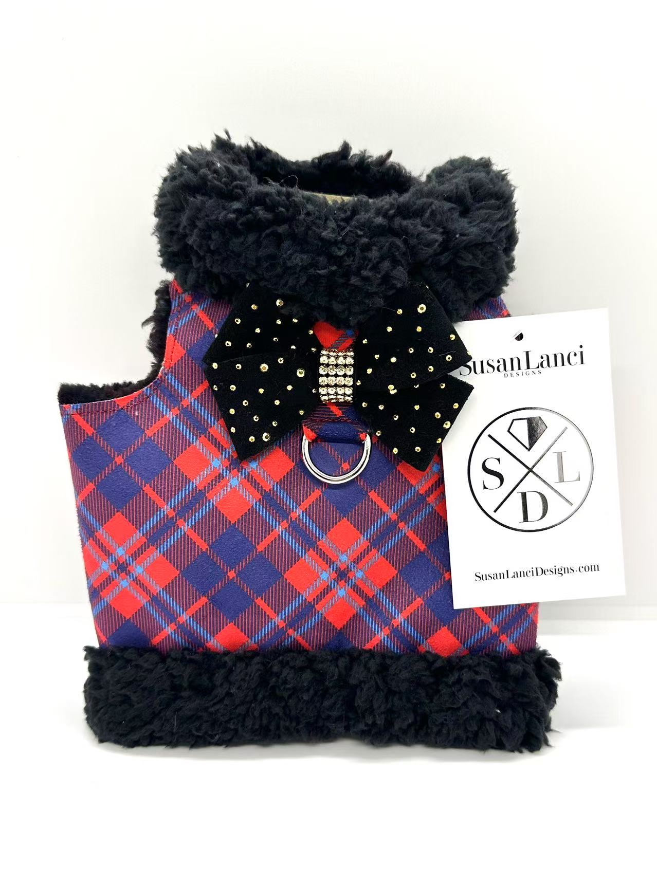 ★Susan Lanci/スーザンランシー★Bowzer with Nouveau bow犬用スワロフスキコートChestnut Plaid×Black wit...