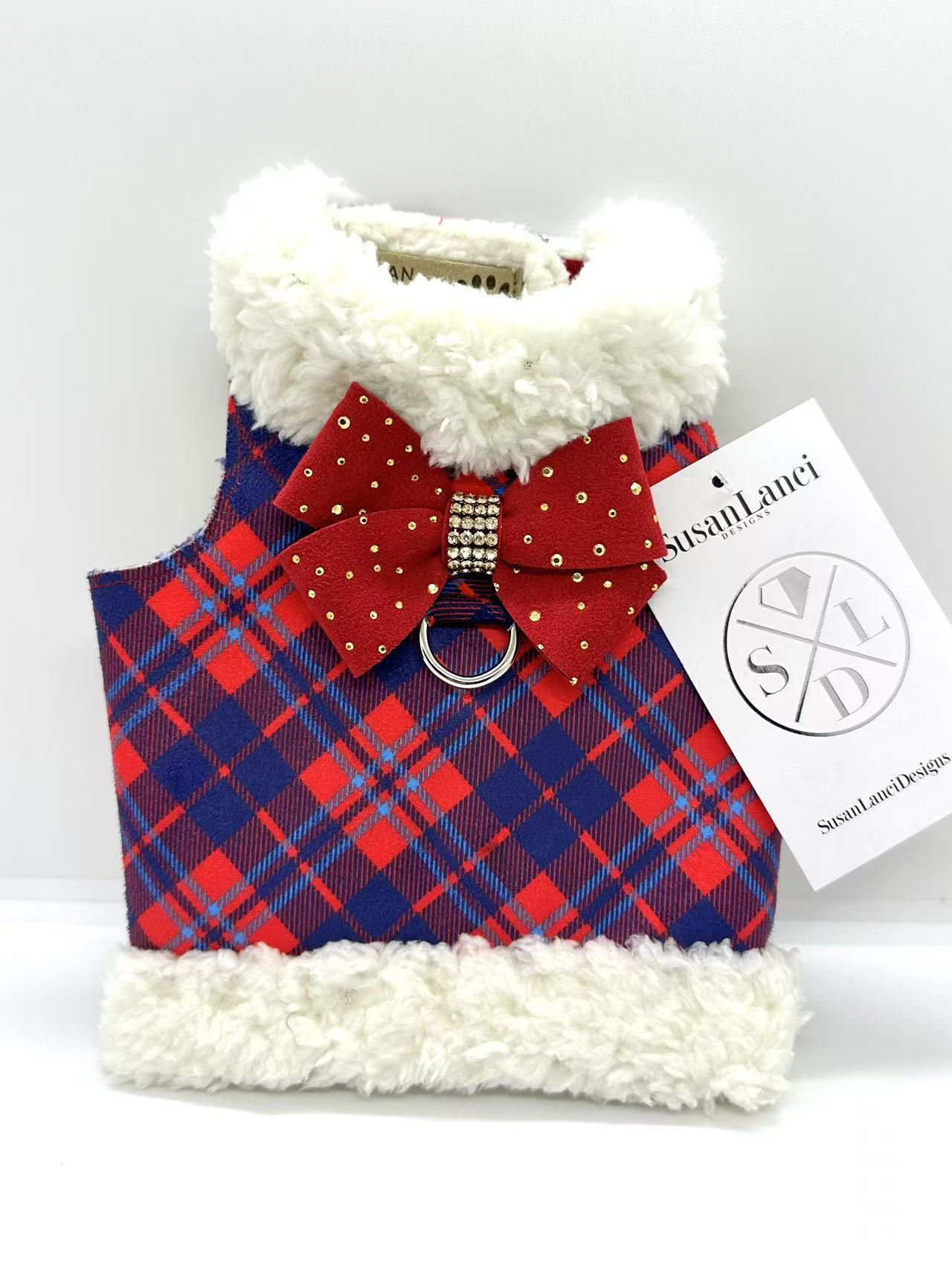 ★Susan Lanci/スーザンランシー★Bowzer with Nouveau bow犬用スワロフスキコートChestnut Plaid×Red with ...