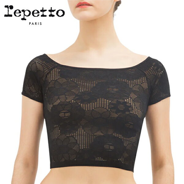 レペット【 repetto 】 バレエトップス 半袖 レース模様 トップス 黒 バレエ バレエ用品　正規品　伸縮性抜群 大人 レディース さすがレペットのバレエウェアは素敵のサムネイル