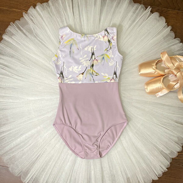 バレエ レオタード 大人 胸元花柄プリント 【ラベンダー】ボートネック ブラカップ差し込み可♪ 大人 ...