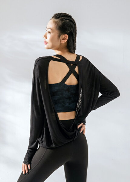 バレエ ヨガ トップス 長袖 美 背中　オープンバック Tシャツ　ビューティーバックデザイン　ゆったり　背中が大きくあいて 美しい　バレエトップス　動きやすい　魅せ トップス　ヨガ　バレエ用品　ウェア　大人　レディース　2色 無地 黒 白　社交ダンス