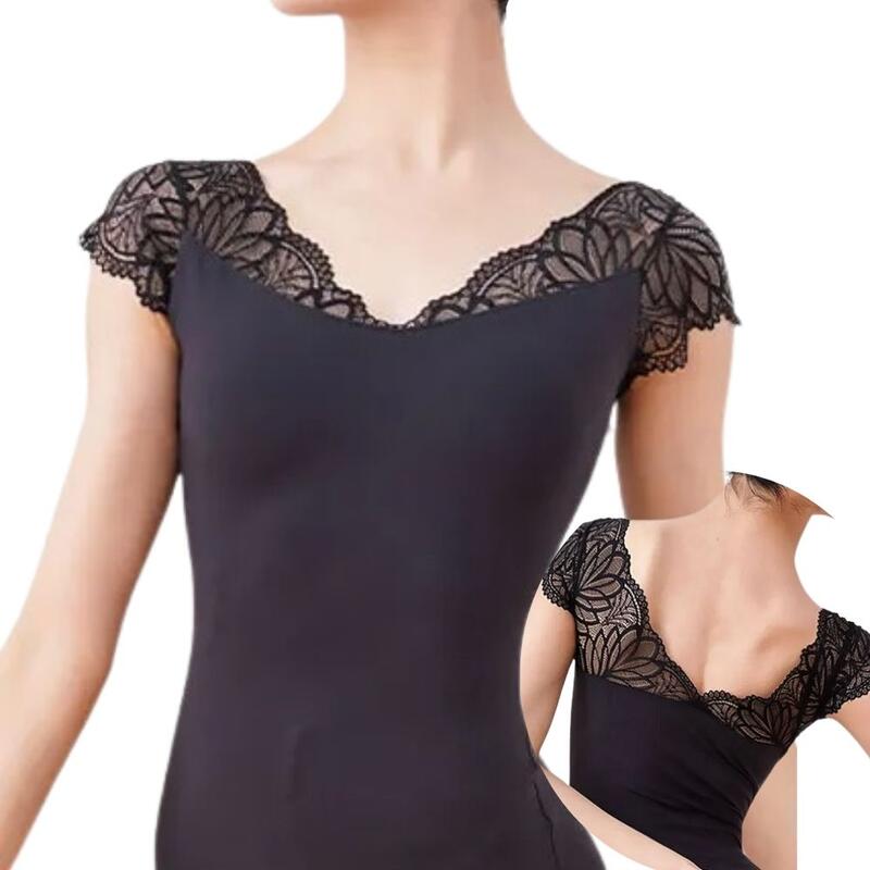 バレエ　レオタード 大人 フレンチスリーブ 半袖 レース　【ブラカップ付き】 ブラック レオタード 大人バレエ （ブラカップ差し込み可能・ブラカップ付） バレエ バレエ用品 バレエレオタード レッスン 着 黒 ミニヨン バレエ ジュニア 大人レオタード　袖レースのサムネイル