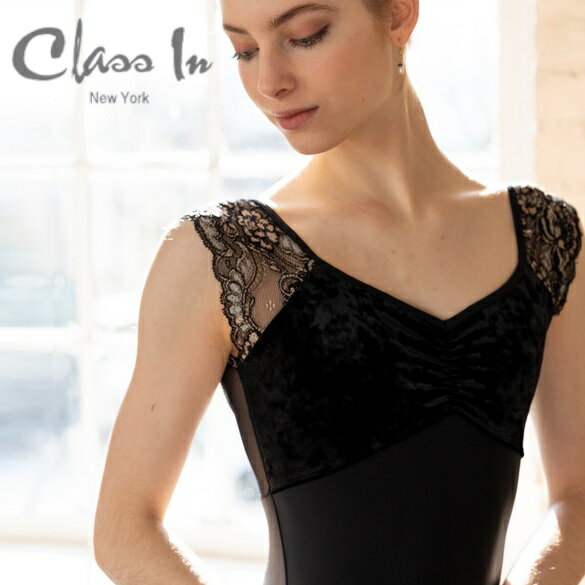バレエ レオタード 大人 【Class in クラスイン 】ブラック　黒 タンク【CIdance】 胸元ベロア　肩レース レオタード ( バレエ用品 大人バレエ バレエレオタード 大人用 レオタード　レッスン 着 )　classinのサムネイル