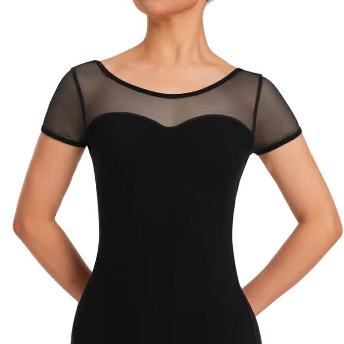 バレエ　レオタード　大人　ジュニア　半袖　メッシュ　キャップスリーブ　透け感　おしゃれ ブラック..