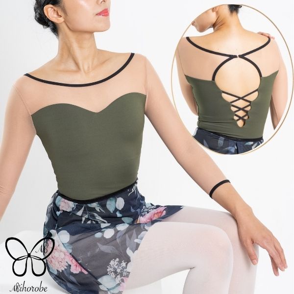バレエ レオタード 大人 長袖 【Mihorobe/ミホローブ】ブラカップ差込口有 メッシュ ボートネック ハートカット Vバック レースアップ デザイン カーキ S/M/L 韓国ブランド