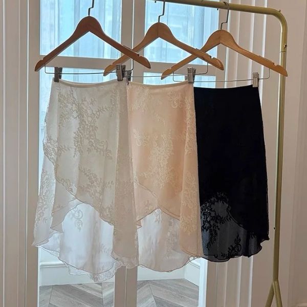 バレエ スカート 大人 巻きスカート 花柄 レース ラップスカート 2重構造 シフォン メッシュ 膝丈 ロング フィッシュテール ロング 伸縮ゴム紐 おしゃれ エレガント レッスン着 練習着 ジュニア 4色展開（ブラック/ホワイト/ピンク/アイボリー）