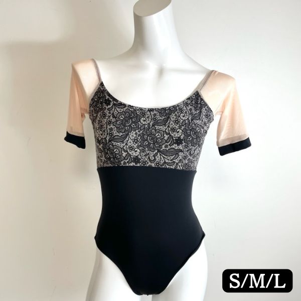 バレエ レオタード 大人 半袖 2分袖 レース プリント 二の腕カバー 動きやすい ストレッチ ジュニア おしゃれ レッスン着 練習 発表会 モダンバレエ ダンス ウェア 伸縮性 ブラック