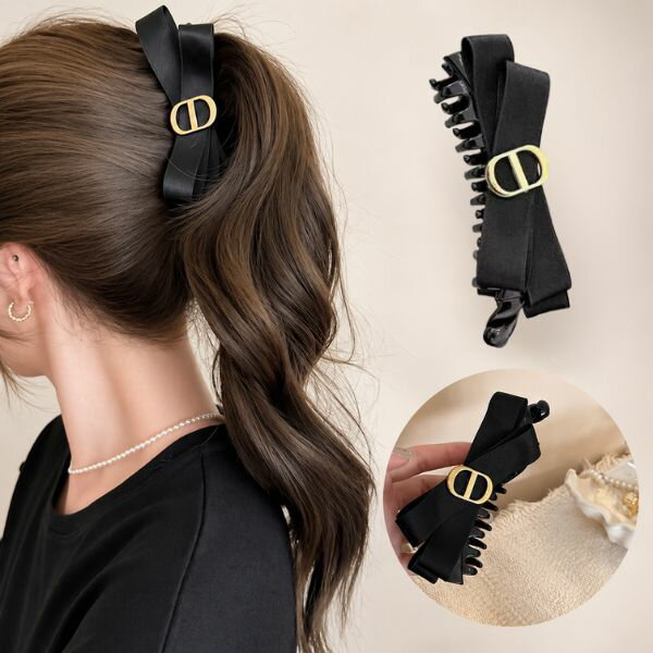 Rakuten - 【スーパーセール全品P5倍】 バナナクリップ ヘアクリップ リボン レディース ヘアアクセサリー 髪留め 髪飾り しっかり留まる 上品 エレガント 大人可愛い ゴールド バックル 黒 ブラック サテン ビッグリボン まとめ髪 ポニーテール