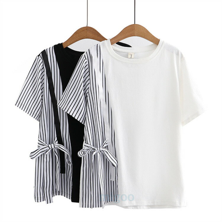 Rakuten - tシャツ レディース 切り替えtシャツ ストライプtシャツ 半袖tシャツ クールネック ビッグtシャツ カジュアルtシャツ 体型カバー ビッグシルエット 夏