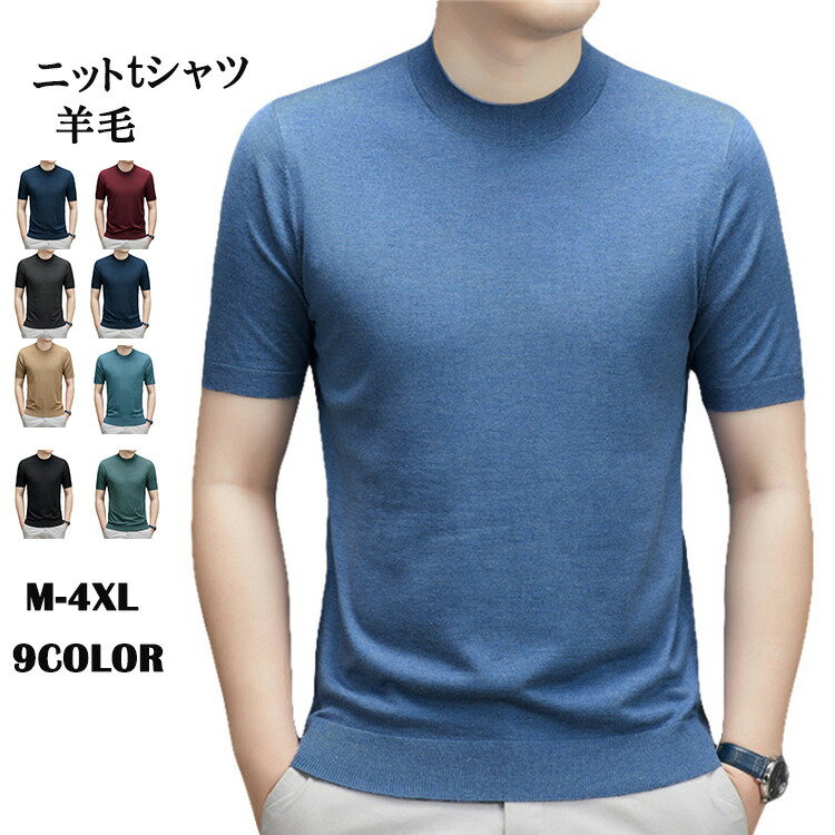 Rakuten - ニットTシャツ メンズ モックネック カットソー 羊毛 半袖Tシャツ 薄手 ニット 清涼 レディース Tシャツ 涼しい 夏
