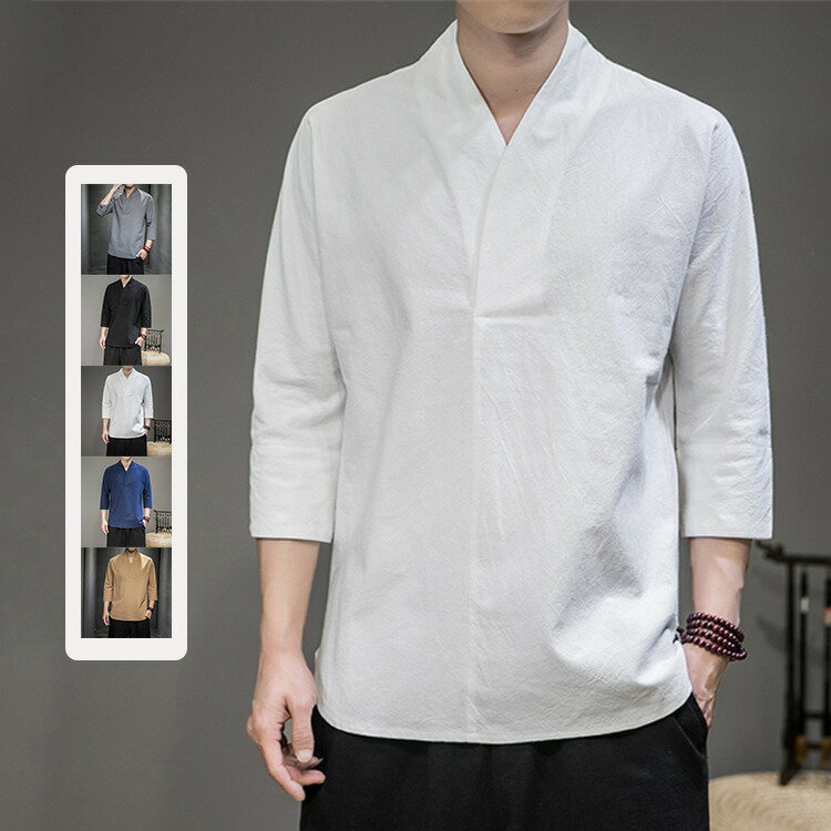 V-Neck - 半袖Tシャツ メンズ 綿麻tシャツ おしゃれ 七分袖Tシャツ Vネック おしゃれ オシャレ 大きいサイズ 春 夏