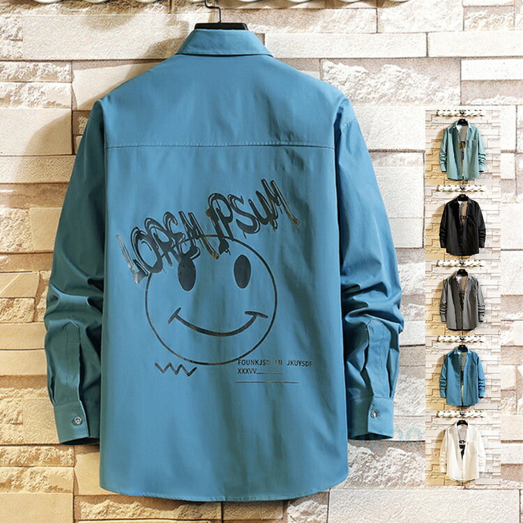 Rakuten - 長袖シャツ メンズ 笑顔柄 シャツ おしゃれ カジュアルシャツ 大きいサイズ 春服