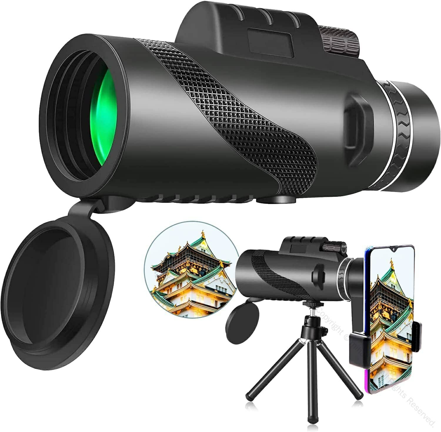 単眼鏡 80x100 高倍率望遠鏡 昼夜兼用 片手持ち 滑り止め付き 持ち運びやすい スマホホルダー 三脚 固定用三脚付き 旅行 バードウォッチング スポーツ 野鳥観察 山登り コンサート 花火大会 撮影 野球観戦対応