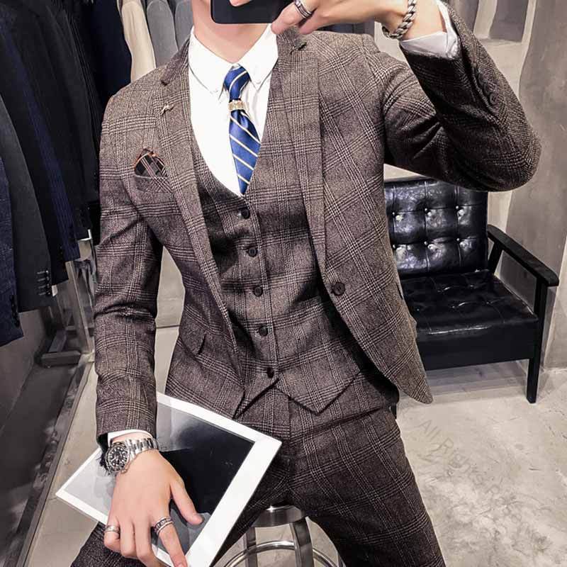 メンズスーツ チェック柄 スタイリッシュスーツ 司会 舞台 通勤 OL 発表会 忘年会 グレー ブルー ブラウン イギリス風 3点セット 長袖 スリム 着痩せ 礼服 結婚式 花婿 撮影 ビジネス セットアップ スリーピーススーツ 紳士服 おしゃれ フォーマル パーティー M~5XL対応
