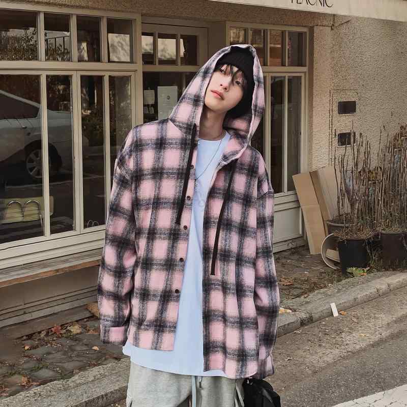 秋冬 メンズ コーデ 服 シンプル ファッション オシャレ 大人 かっこいい 大きいサイズ ストリート 紳士服 ピンク チェック柄 フード付き 長袖 シャツ ジャケット カーブヘムデザイン
