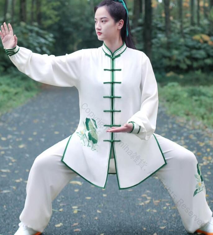 太極拳 ウェア 上下セット ゆったり 女性 動きやすい功夫 中華風 太極拳服 蓮 花柄 柔らかい 肌に優しい レディース 武術服 カンフー 大きいサイズ ウーシュー チャイナ服 武術 太極拳 功夫 練功服 大極拳パンツ 文化祭 学園祭 イベント 演出服 スポーツウェア XS-XXL対応 高