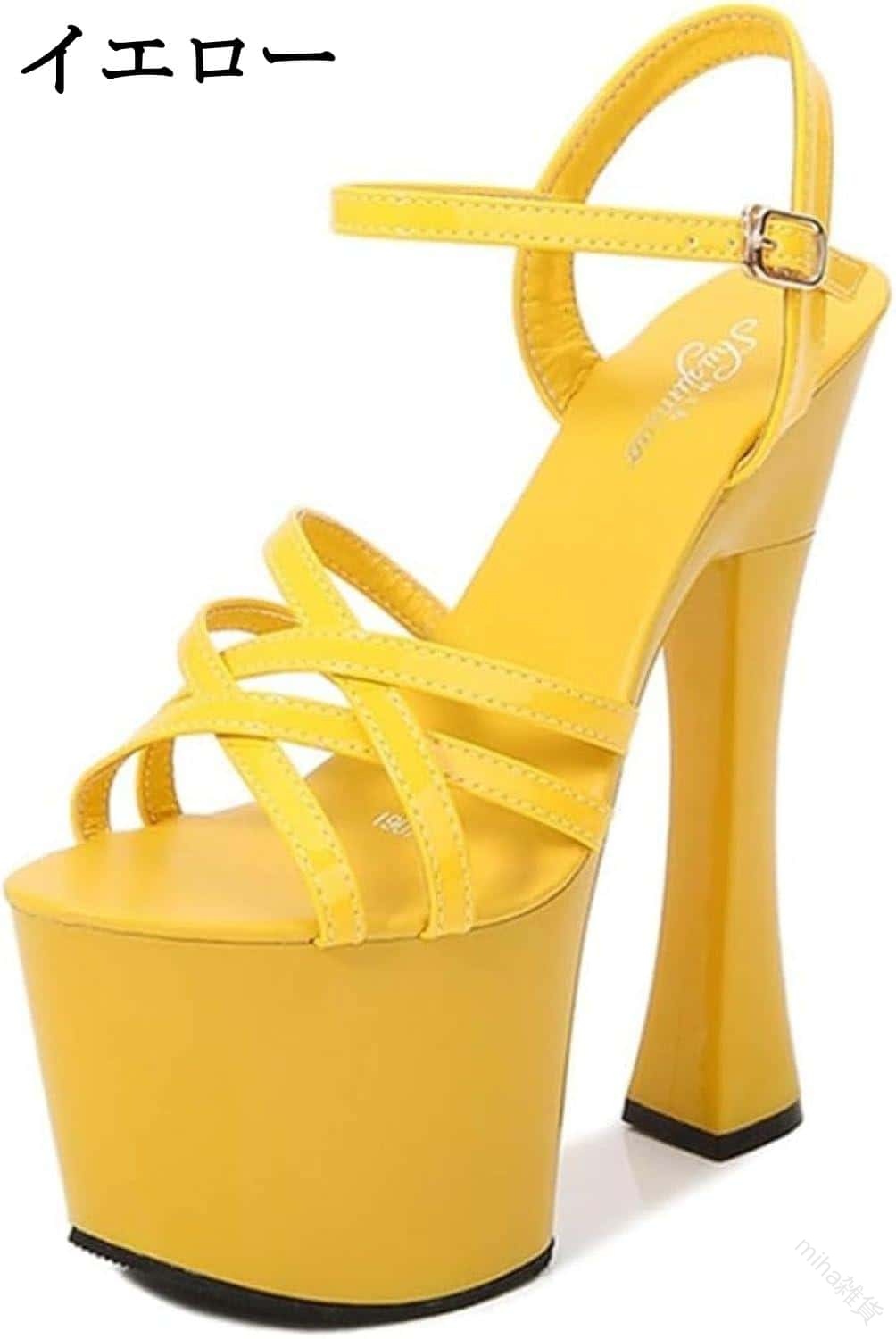 サンダル レディース オープントゥ エナメル 太ヒール ハイヒール 17cmチャンキーヒール ストラップ 前..