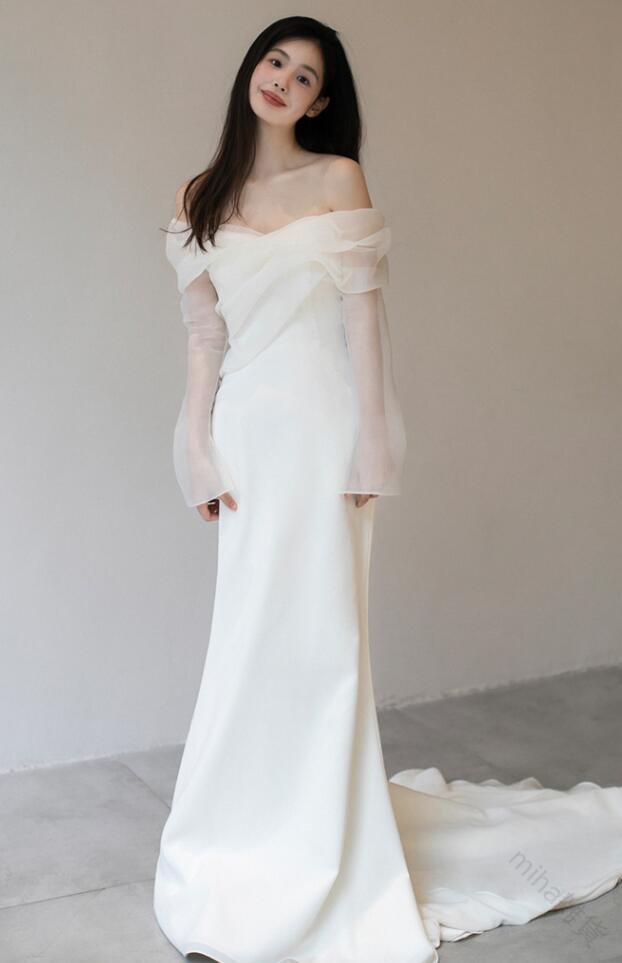 ウエディングドレス パーティードレス マキシスカート 森ガール風 撮影用 披露宴やイベント演奏会 発表会 花嫁用 二次会ドレス 結婚式 フォーマル 白色 高級感海外挙式 ビーチフォト 前撮り 後撮りフォトウエディング 花嫁ドレス ナチュラルマーメイドラインドレス