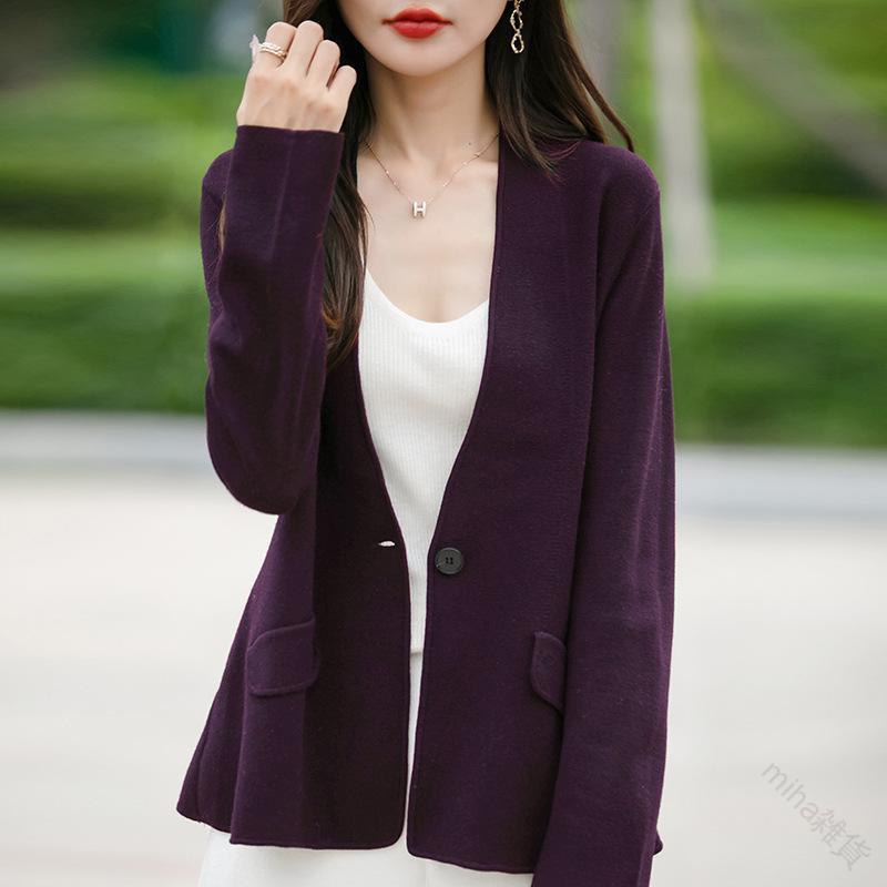 ニットジャケット レディース Vネック シングルボタン 厚手 16ゲージ 精紡ウール 無地 長袖 羽織り 秋..