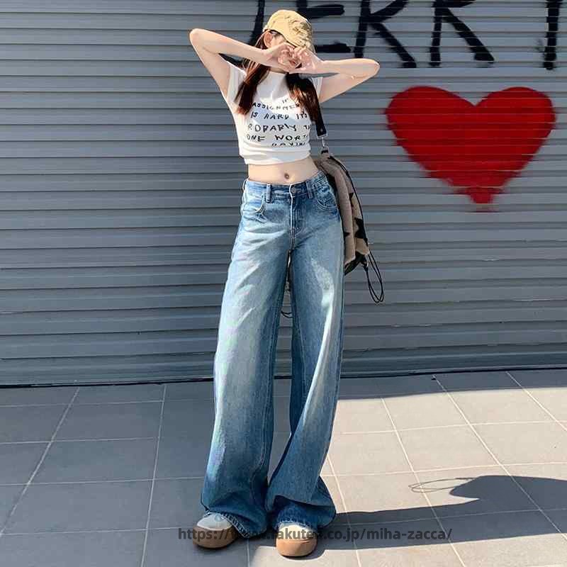 Rakuten - デニム ジーンズ ローライズ ローウエスト スリム ストレート ワイドレッグ フロアレングス パンツ 女性用 春 ゆったり 万能 ドレープ ノスタルジック レトロ ウォッシュ加工