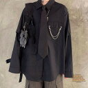 シャツ 長袖 メンズ レディース カジュアルシャツ ブラウス 袖 取り外し可能 ネクタイ付き 袖ボタン ロング丈 シャツ オーバーサイズ ビッグシルエット ゆったり 大きいサイズ 無地 胸ポッケト チェーン付き 大人 春夏 ユニセックス ストリート モード 黒 グレー(4)