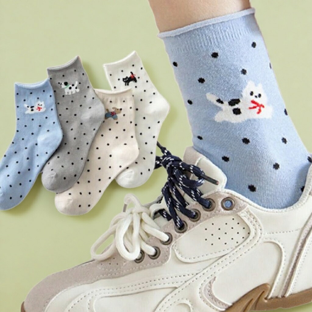 Rakuten - ドット柄靴下 4足セット 春 夏 4足組 可愛い コーデ 動物柄 柔らか 通気 蒸れない クルー丈 カジュアル 高校生 大人 女性用 レディース靴下 10代 20代 30代 40代 通学 通勤 デイリー ソックス 4足組 ギフト カラフル スニーカー靴下 薄め 人気 インス 白 灰 ベージュ ブルー