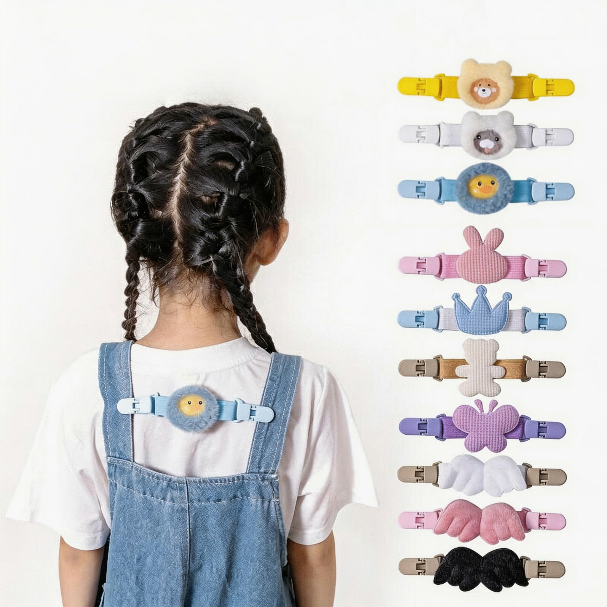 キッズ用 サロペット肩ひもズレ防止クリップ（全10タイプ） サロペットやオーバーオールの「肩ひも落ちる〜！」を、パチンで解決。背中で2本の肩ひもをやさしくまとめて、ズレ落ちをしっかり防止してくれるキッズ用クリップです。くま・アヒル・羽・王冠・うさぎ・胡蝶など、後ろ姿がもっと可愛くなるデザインで、毎日のコーデがちょっと楽しくなります。 ■ 商品の特徴 肩ひもを背中側で固定してズレ落ち防止：サロペット・オーバーオールのストラップが落ちやすいお子さまにぴったり 両端クリップで簡単装着：左右の肩ひもにパチンと挟むだけで、付け外しがスムーズ ゴムバンドでフィット感◎：伸縮性があるので動きやすく、背中にやさしくフィット（天使の羽みたいな見た目も可愛い） 軽量で負担が少ない：小さなお子さまでも付けているのを忘れやすい軽さ 後ろ姿のワンポイントに：くま・アヒル・羽・王冠・うさぎ・胡蝶・お花など、写真映えするデザイン 持ち運びにも便利：小さめサイズでバッグやリュックに入れておけて、お出かけ先でもサッと調整OK 対象目安：1歳〜7歳くらいのお子さま向け ■ カラー（デザイン） ブルーDuck | イェローBear | ホワイトBear | ホワイトWings | ブラックWings | ピンクWings | パープル胡蝶 | ブルーCrown | ピングウサギ | ブラウンBear ■ 仕様 サイズF：長さ約16cm / 幅約3cm 素材ナイロン / ポリエステル / プラスチック 内容単品 1枚 対応目安年齢約1〜7歳 製造国中国 商品タイプ肩ひもズレ防止クリップ（サロペットクリップ） ■ おすすめシーン サロペット・オーバーオールの肩ひもが落ちやすい日の普段使いに 保育園・幼稚園の登園や公園遊びなど、たくさん動く日 遠足・旅行・帰省など、長時間のお出かけに 運動会や発表会など、写真を撮るイベントに（後ろ姿が可愛い） 兄弟姉妹で色違い・デザイン違いでおそろいコーデに プチギフトやちょっとしたプレゼントに ※サイズは平置き採寸のため、多少の誤差が生じる場合がございます。※生産ロットにより柄の出方や色の濃淡が異なる場合がございます。※モニターや光の加減により、実物と色味が異なって見える場合がございます。※ご使用後は手洗いをおすすめします。※予告なくカラー・デザイン仕様が変更となる場合がございます。肩紐ずれ防止クリップ 子供 固定クリップ 肩ひも 全10タイプ 単品 1枚サロペットのずり落ちを防ぐクリップです。かわいいくまやお花のデザインが施されており、男の子も女の子も楽しめる全10色展開です。・軽くて使いやすいゴムバンドで、天使の羽のように背中にフィットします。・サロペットを着る機会も多い小さなお子様に最適です。・両端のクリップで両肩紐にパチンと挟むだけ。ずり落ちる事なく小さなお子様も外れる度にストレスを感じる事もなくなります。・ベルト部分はゴム製で伸縮性があります。対応年齢1歳～7歳ぐらい。クマや天使の翼などのかわいいデザインで、洋服のワンポイントにもなりとてもかわいいです。調整したい位置を確認し、ボタンをかけるだけで、子供のズボンが運動で脱げなくなります。リュックサックにも携帯しやすく、服を調整するために使用する必要がある場合は、取り出しやすく、取りやすいようにすることができます。おしゃれで実用的なこのクリップで、毎日のコーディネートがもっと楽しくなりますよ。サイズ表長さ幅F16cm3cm特記事項表主な材質ナイロン ポリエステル プラスチックメンテナンス説明生産ロットにより柄の出方や色の濃淡が異なる場合がございます。 お使いのモニターや撮影時の光の加減などにより 画像と実際の商品のカラーが異なる場合もございます。 予告なしにカラーやデザインなどの変更がある場合もございます。製造国中国使用上の注意生産ロットにより柄の出方や色の濃淡が異なる場合がございます。お使いのモニターや撮影時の光の加減などにより画像と実際の商品のカラーが異なる場合もございます。お手洗いすすめです。★商品でお気づきの点がございましたらレビュー記載前に当店までお問い合わせください。こちらもおすすめ♪おすすめ商品をCheck！おすすめ商品をCheck！おすすめ商品をCheck！